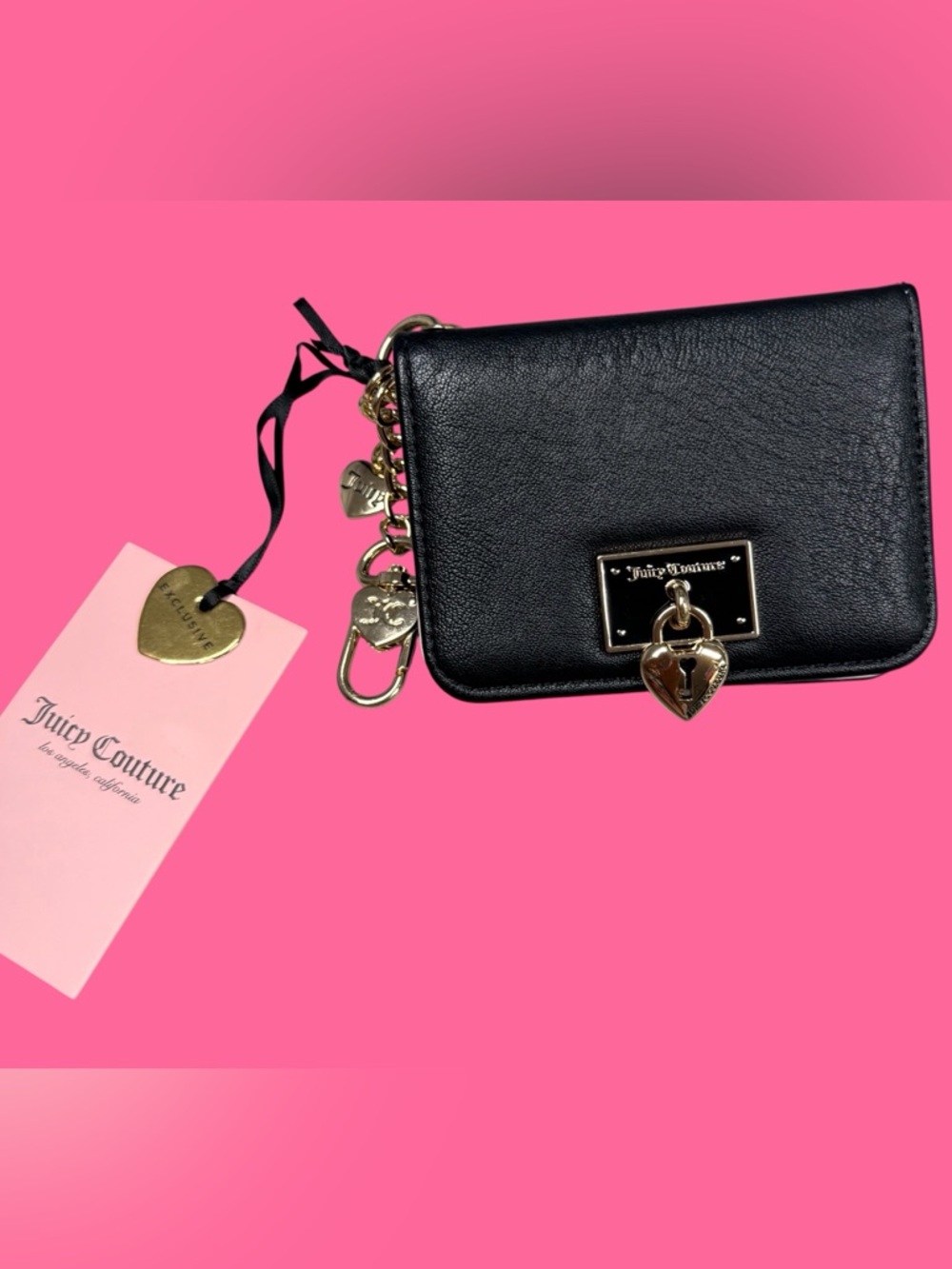 Juicy Couture ID wallet black gold heart charm credit card holder coin pouch new